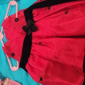 Baby party dress red w black velvet tie